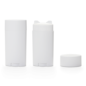 Two white deodorant containers one with the lid on the other with the lid off.